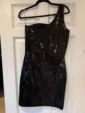 Saint Laurent Black One-Shoulder Sequin Mini Dress